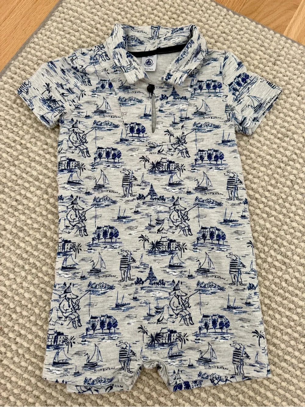 Petit Bateau Blue, Gray and White Nautical Print Short-Sleeved Romper 18 months